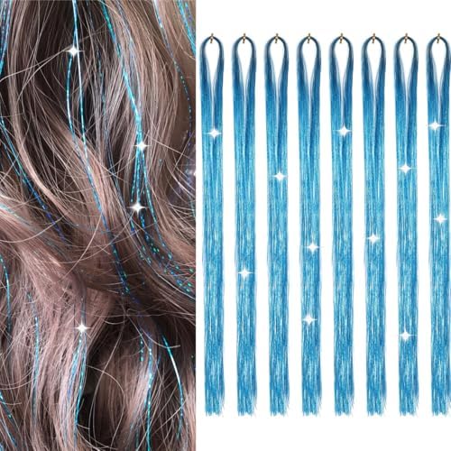 Hair Tinsel 8 Packs 1600 Strands 50 Inch Tinsel Hair Extensions Lake Blue Heat Resistant Glitter Sparkling Shinny Fairy Hair Accessories for Women(Lake Blue, 50Inch) by Sala