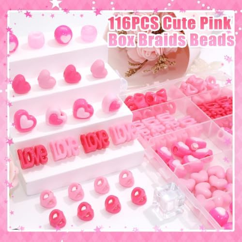NAISKA 116PCS Pink Beads for Hair 10 Styles Box Braids Beads Hot Pink Pony Bead Lovely Heart Loc Jewelry Cute Braids Accessories for Kids Girls - Image 2