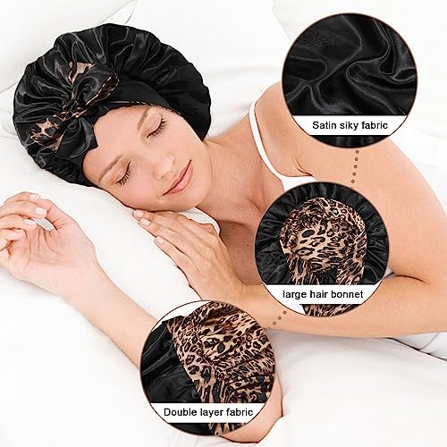 CHLINS Satin Bonnet Silk Sleep Cap for Women - Stretchy Tie Band Hair Cap for Curly Hair - Silk Wrap (Black+Leopard Print) - Image 6