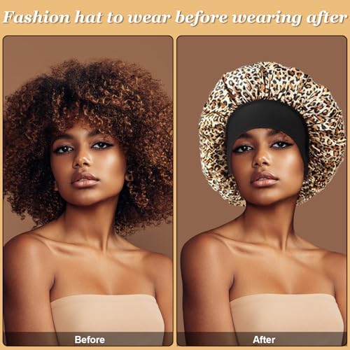 4PCS Silk Hair Bonnet for Sleeping,Hair Wrap Satin Bonnets Shower Cap for Black Women Men, Elastic Wide Band Hair Bonnet Cap for Sleeping Curly Hair(Black & Wine Red & Purple Print & Leopard Pattern) - Image 4
