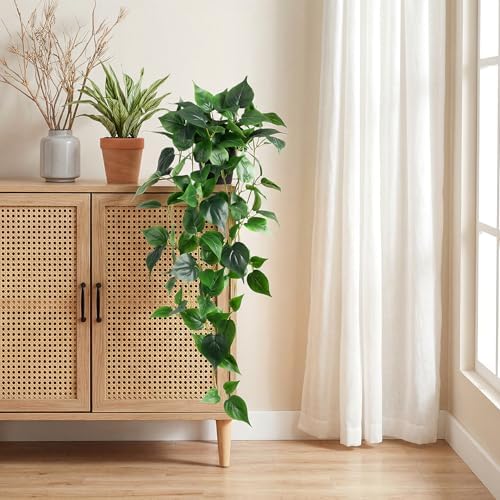 Fake Hanging Plants with Pots - Realistic Artificial Plant for Indoor Outdoor, 33In Silk Fake Potted Plants, 2PC Faux Ivy Vine for Shelf Tabletop Office Decor, Dark Green - Image 2