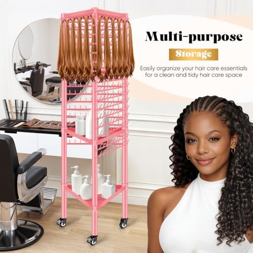 GADFISH Braiding Hair Rack with 5-Tray, Hair Extension Holder Hanger, 420 Pegs 3-side Rack for Braiding Separator Display Stand (Pink) - Image 2