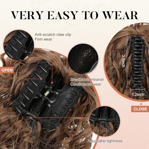 Flufymooz Ponytail Extension, 12" Short Claw Ponytail Extension Wavy Curly Jaw Clip in Pony tails Hair Extension Natural Synthetic Hairpiece for Women(Dirty Blonde) - Image 4