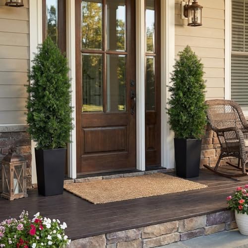 Aveyas 5ft Artificial Cedar Topiary Trees, 5 ft Faux Potted Plants Evergreen Fake Pine Cypress Tree for Outdoor Porch Home Outside Door Decor (5 Feet Tall Including Raised Pot) - Set of 2 Pack - Image 4