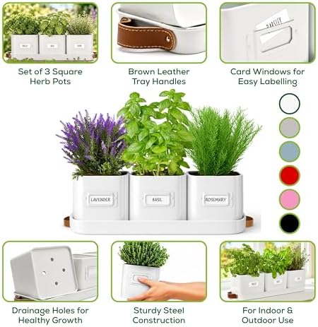 volila Herb Planter Indoor - Set of 3 Warmstone Indoor Herb Garden Pots for Plants with Leather Handled Tray - Window Sill Plant Shelf - Herb Pots with Drainage Holes and Labels - Image 3
