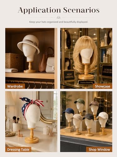 CHADWICK 21-Inch Linen Wig Head Stand with Wood Base, Beige - Image 5
