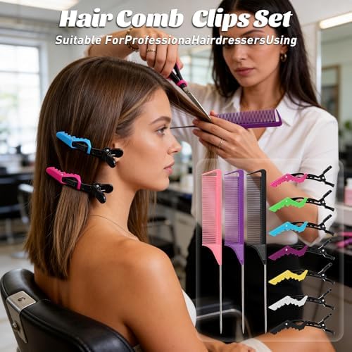 Rat Tail and Parting Combs with Styling Clips: 3 Metal Teasing Combs for Braids, 7 Professional Sectioning Hair Clips - Image 3