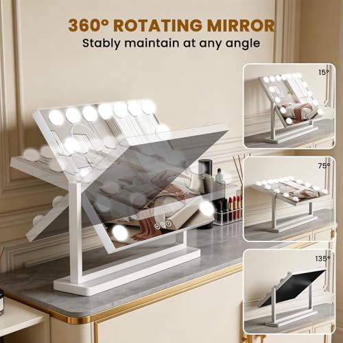 Vanity Mirror with Lights, 23"×19" Hollywood Makeup Mirror with 15 Dimmable Bulbs, 3-Color Lighting, Dimmable, 360° Rotation, 10x Magnification, Desk Mirror, Bedroom (White) - Image 5