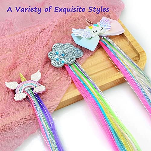 Little World Hair Clips for Girls, 6 Pcs Rainbow Hair Extensions, Unicorn Hair Clips for Girls Toddler Kids Ponytails, Hand-made Cute Glitter Hair Accessories - Image 4