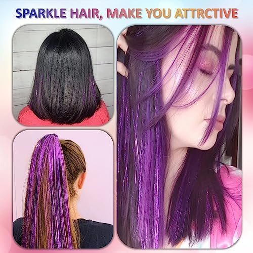 Purple Hair Tinsel Kit 48 Inches 1200 Strands with Tools and Instruction Easy to Install Fairy Glitter Tinsel Hair Extensions for Women and Girls，Shinny Sparkling Braiding Hair Accessories for Halloween Cosplay Party - Image 2
