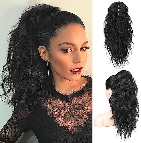 Flufymooz Ponytail Extension, 18 Inch Claw Clip Ponytail Extension, Wavy Curly Claw Clip in Ponytail Hair Extensions, Natural Fake Ponytail Synthetic Hairpiece for Women (Natural Black) by Flufymooz