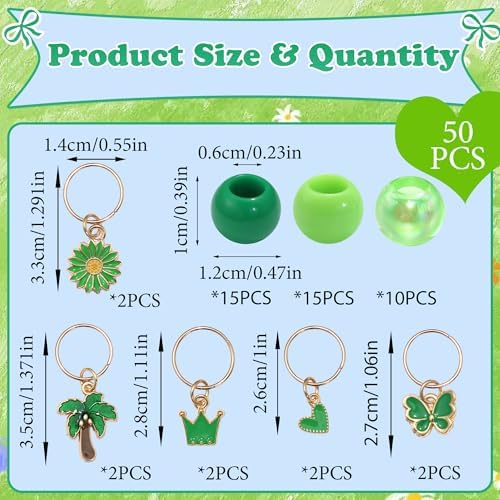 NAISKA 50PCS Green Hair Jewelry for Braids Cute Pony Beads Summer Loc Charms Daisy Flower Braids Jewelry Iridescent Dreadlock Beads 8 Styles Braids Accessories for Kids Girls - Image 4