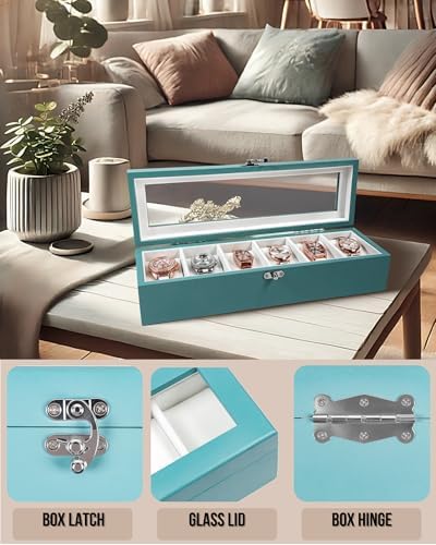 Watch Box, Watch Case for Men Women with Large Glass Lid, Wooden Watch Display Storage Box with 6 - Slots, Ocean Blue Mens Watch Box Organizer - Image 3