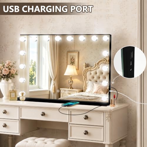 Ratsamee Black Hollywood Vanity Mirror with Lights, 17 Dimmable Bulbs, 3 Color Lights,Make Up Lighted Mirror, Aluminum Metal Frame, USB Charging Port（26" x 20"） - Image 5
