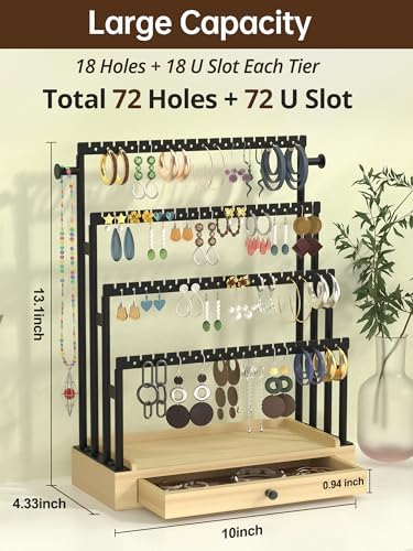 Earring Holder Organizer, 4-Tier Metal Jewelry Display Stand with Wooden Drawer, Large Earring Organizer for Studs, Hoops, and Dangles, Modern Earring Storage Rack for Vanity or Dresser - Image 2