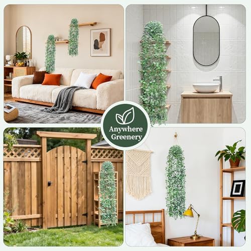 Artificial Hanging Plants for Shelf, Fake Potted Greenery 2-Pack Faux Eucalyptus Vine in Black Pot, Décor for Office Living Room Bathroom Indoor Outdoor - Image 7