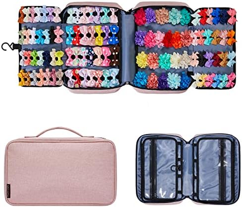 Hair Accessories Organizer for Girls, Hair Accessories Storage Bag, Hair Bow Storage Organaizer for Girls with Multi-Compartments, Baby Hair Accessories Organizer for Travel (Pink) by HUHYNN