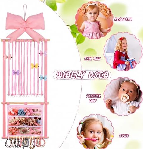 Back to School Pink Hair Bows Holder Headband Organizer for Girls Long Baby Hair Clips Accessories Display Storage Hanging Wall Decor with Hooks Gift for Nursery Toddler Girls Room(Clear Pocket) - Image 5