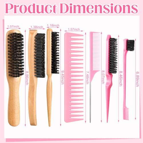 6 Pcs Boar Bristle Slick Back Hair Brush Smoothing Hair Brush for Smooth Frizz Flyaways, Rat Tail Comb Edge Brush Teasing Brush for Men Women - Image 2