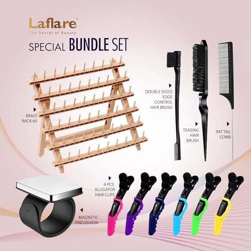 Laflare Braiding Rack for Hair with Comb set & Braid Gel Wristband & Hair clip, Hair Rack (Hair Extension Holder with 60 Pegs,) with Hair Braiding Accessories (PPCOM4) - Image 2