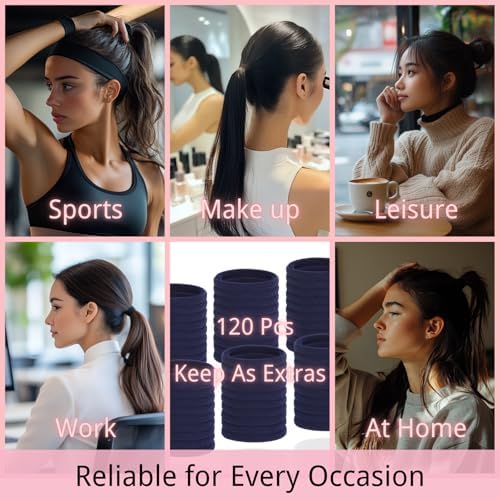LuSeren 120 Pcs Navy Hair Ties for Women, No Damage Soft Seamless Nylon Hair Elastics for Thick Hair, Ponytail Holders, Solid Navy Hair Accessories - Image 6