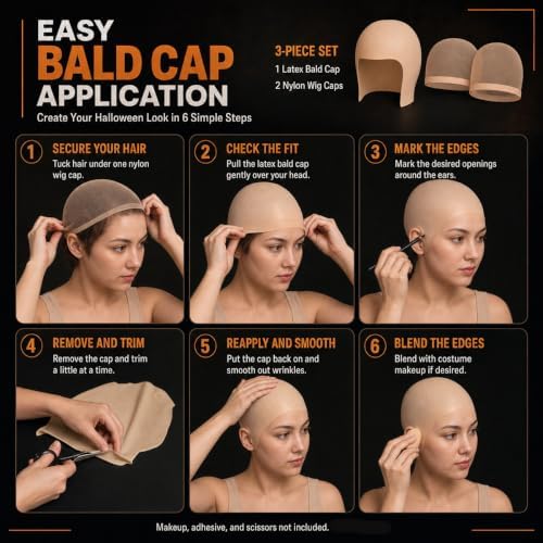 Latex Bald Cap Set with 2 Nylon Wig Caps for Adult Halloween Costume - Image 5