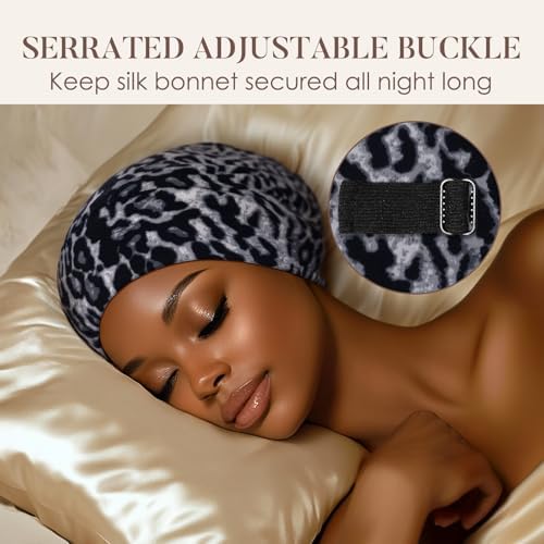 LULUSILK 100% Mulberry Silk Bonnet for Sleeping Women & Men, Black Leopard - Image 4