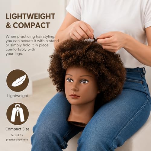 African Mannequin Head with 100% Human Hair Mannequin Head Curly Cosmetology Manican Mannequins Heads with Stand for Display Practice Braiding Styling Training Head Hair Styling - Image 2