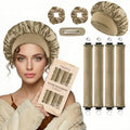 Heatless Curls Overnight Hair Curlers Set – 4PCS Jumbo Velvet Rollers with Shower Cap, No-Damage Flexi Rods for Beautiful Waves(khaki) by Unknown