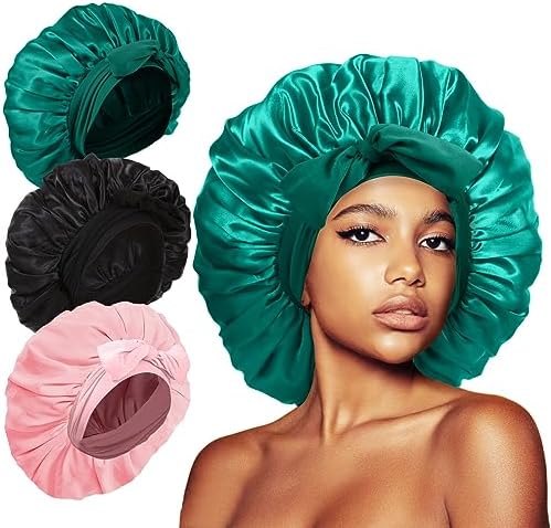 3Pcs Bonnets for Sleeping, Extra Satin Silk Bonnet for Sleeping Women with Tie Band for Curly Hair Jumbo Bonnet Braids by KAFTERI