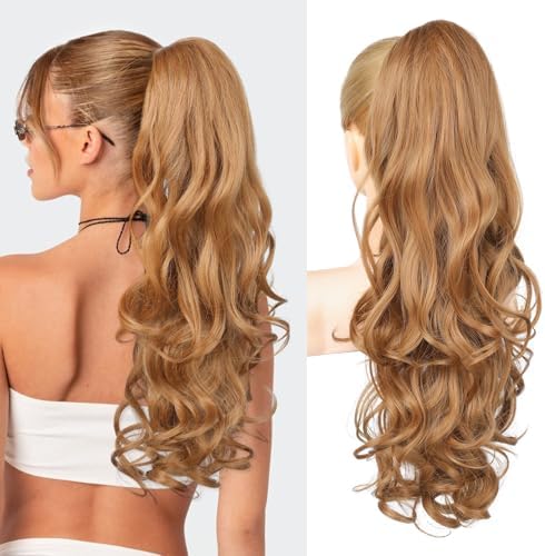 REECHO Ponytail Extension, 24" Claw Clip in Long Curly Wavy Ponytail Hair Extension Jaw Clip on Pony Tails Hairpiece for Women - Strawberry Blonde by REECHO