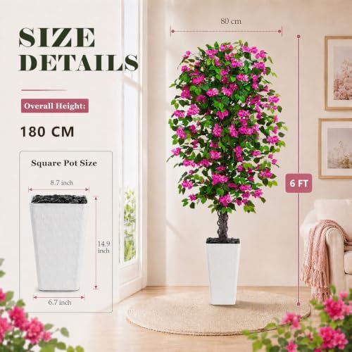 Artificial Bougainvillea Tree 6FT, Fake Tree with Flowers White Planter - Image 2