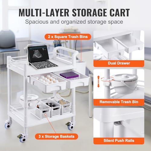 VEVOR Medical Mobile Trolley Cart with 2 Drawers & 3 Trash Cans, 2 Tiers Beauty Salon Rolling Trolley with 4 Silent Wheels & 2 Dirts Bucket & Bowl, Medical Utility Cart for Hospital Dental Clinic Lab - Image 5