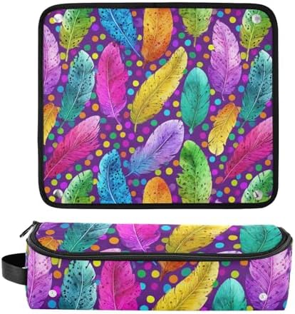 Hair Tools Travel Bag with Heat Resistant Mat 2-in-1 Hot Tools Travel Bag Organizer Flat Curling Iron Travel Case for Straightener Colorful Feathers and Polka Dots - Image 3