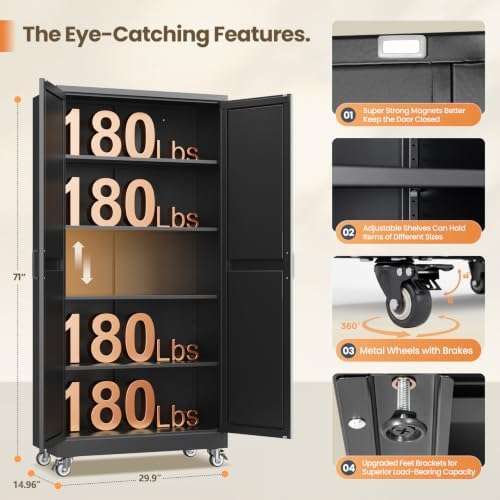 Yizosh 71" Black Metal Kitchen Storage Cabinet,Garage Tool Storage Cabinets - Image 3