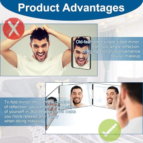 LMZNXCZ 3 Way Mirror for Self Hair Cutting,360 Haircuts Men for Barber Use Tools,to See Back of Head,Tri Fold Mirror with Portable Height Adjustable Telescoping Hooks (6.7" x 10.8") - Image 6