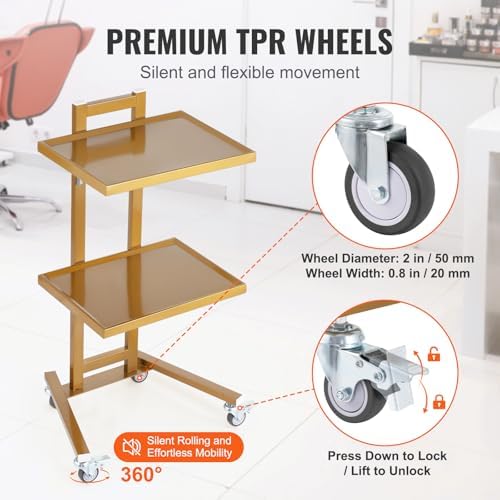 VEVOR Multifunctional 2 Tiers Foldable Medical Trolley Carton Wheels, Gold 2-Level Mobile Storage Tray Cart, Stainless Steel Rolling Lab Cart for Dental Tools, Cavitation Machine, Salon, Lab, Clinic - Image 4