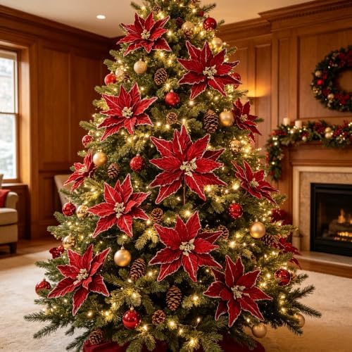 Kimura's Cabin 6Pcs Artificial Poinsettia Christmas Flowers Set,Burgundy - Image 5