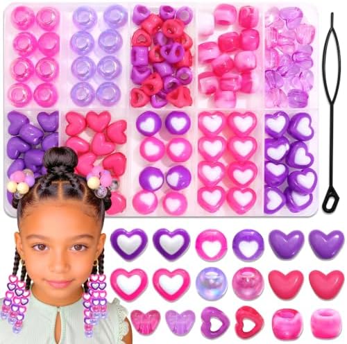 NAISKA 108PCS Purple Hair Beads for Braids Hot Pink Heart Loc Beads 13 Styles Hair Bead Set 2 Colors Dreadlock Jewelry Lovely Hair Accessories for Kids Girls by NAISKA