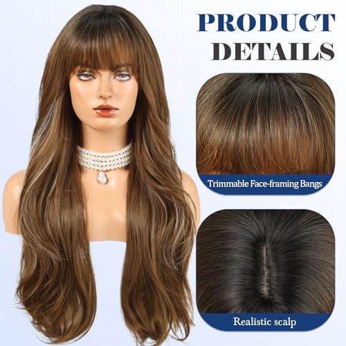 HAIRCUBE Long Ombre Brown with Highlight Wig with Bangs Layered Curly Wigs for Women Natural Synthetic Wigs for Daily Use (pelucas de cabello natural) - Image 2