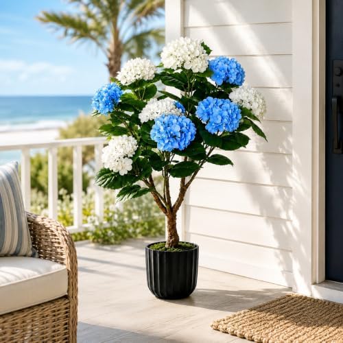 THKFUL 3.6FT Artificial Hydrangea Tree with Pot, Blue & White Faux Hydrangea Plant with Real Wood Trunk, UV Resistant Artificial Flowering Tree for Indoor Outdoor, Front Porch & Living Room Decor by THKFUL