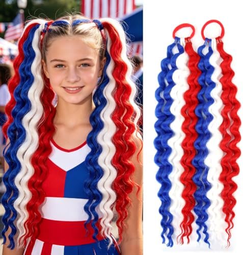 Red White Blue Curly Ponytail Extensions, 4th of July Fashion Color Curly Synthetic Ponytail With Rubber Band for Women & Teens Daily Festival Party Halloween Crazy Days Hair Pieces 2pcs/lot by Szphoxer