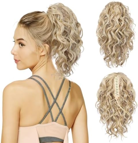 Flufymooz Ponytail Extension, 12" Short Claw Ponytail Extension Wavy Curly Jaw Clip in Pony tails Hair Extension Natural Synthetic Hairpiece for Women (Ash Blonde with Highlight) by Flufymooz