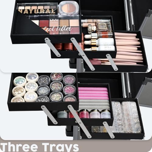 Hododou Rolling Makeup Case Cosmetic Travel Trolley Storage Sliding Drawer 4 Tray Makeup Travel Case with Wheels Salon Barber Case Traveling Cart Trunk for Cosmetologist Nail Tech Hairstylist Grey - Image 3