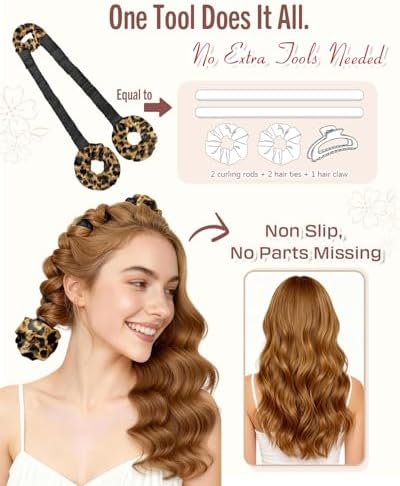 BONNET QUEEN Heatless Hair Curler for Heatless Curls Overnight, All-in-One Sleepy Tie Satin Curling Rod, Hair Curlers to Sleep In, Overnight Blowout Rods, Hair Rollers for Women Long Hair, Leopard - Image 2