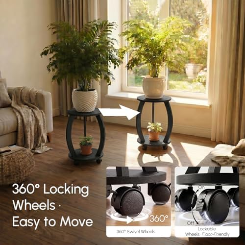 2 Tier Wooden Plant Stand Indoor with Wheels – Tall Plant Stand for 6-12 Inch Pots, Mid-Century Modern Rustic Plant Table Indoor, Pedestal Stand for Corner, Living Room, Balcony, Black - Image 3