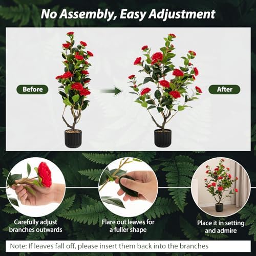 Goplus 38’’ Artificial Camellia Tree, 2 Pack Flower Plants Artificial Tree - Image 4