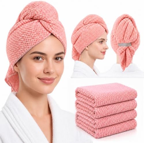 4 Pack Pink Microfiber Hair Turban Wrap for Women, Ultra Soft Quick Absorbing Hair Drying Towel with Elastic Loop, Frizz‑Free Hair Wrap for Long Thick Curly Hair by Unknown