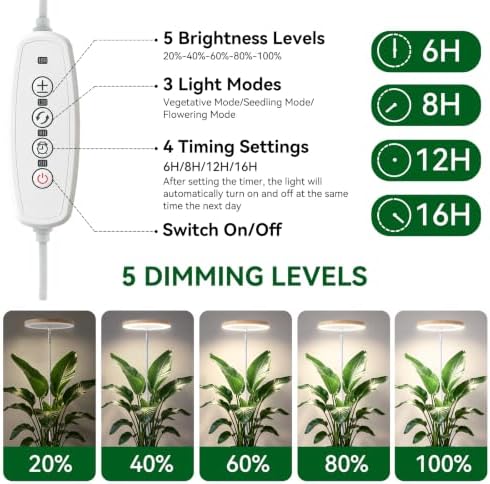 LBW Grow Lights for Indoor Plants, 80 LEDs Full Spectrum Disc Plant light with base, 2-IN-1 Base & Stake Grow Lamp, 65" Height Adjustable, 6/8/12/16H Auto Timer, 5 Dimming Levels, Bamboo Grain, 2 Pack - Image 5