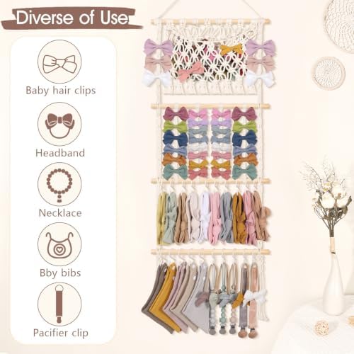 POVETIRE Headband Holder Hair Bow Organizer for Girls,Macrame Bow Holder Hair Accessories Organizer Storage Large Capacity Wall Hanging for Toddler Girl Nursery Room Decor - Image 5